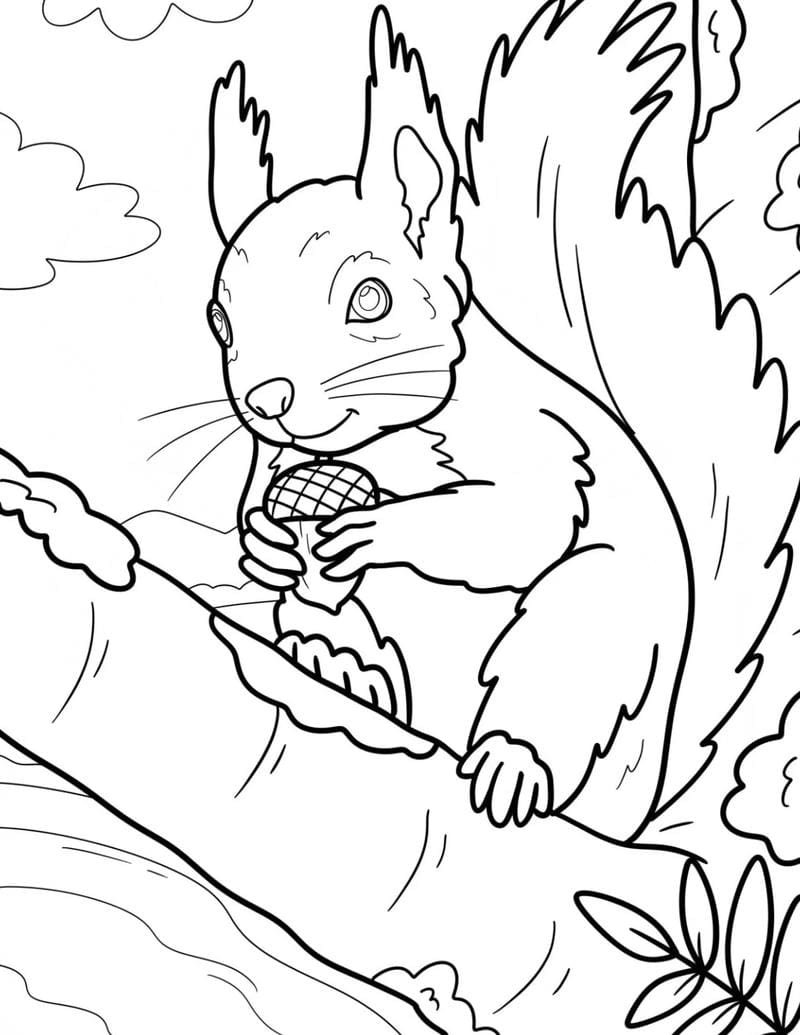 tranh tô màu con sóc đang kiếm ăn