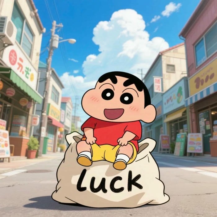 Ảnh Shin may mắn đứng bên bao tải tiền chữ luck