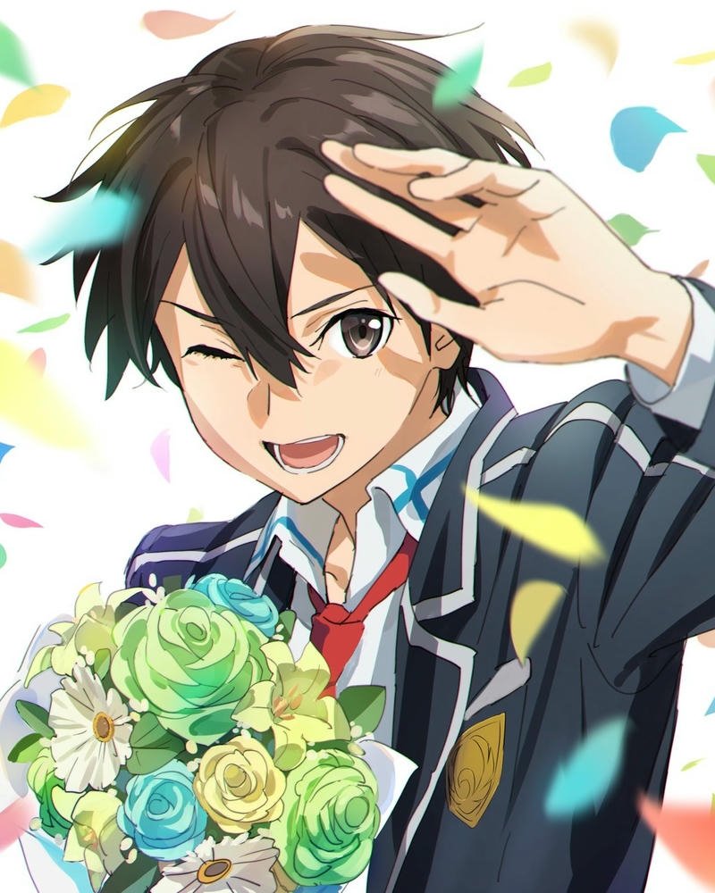 Ảnh anime kirito cầm bó hoa cưới mỉm cười hạnh phúc rạng rỡ