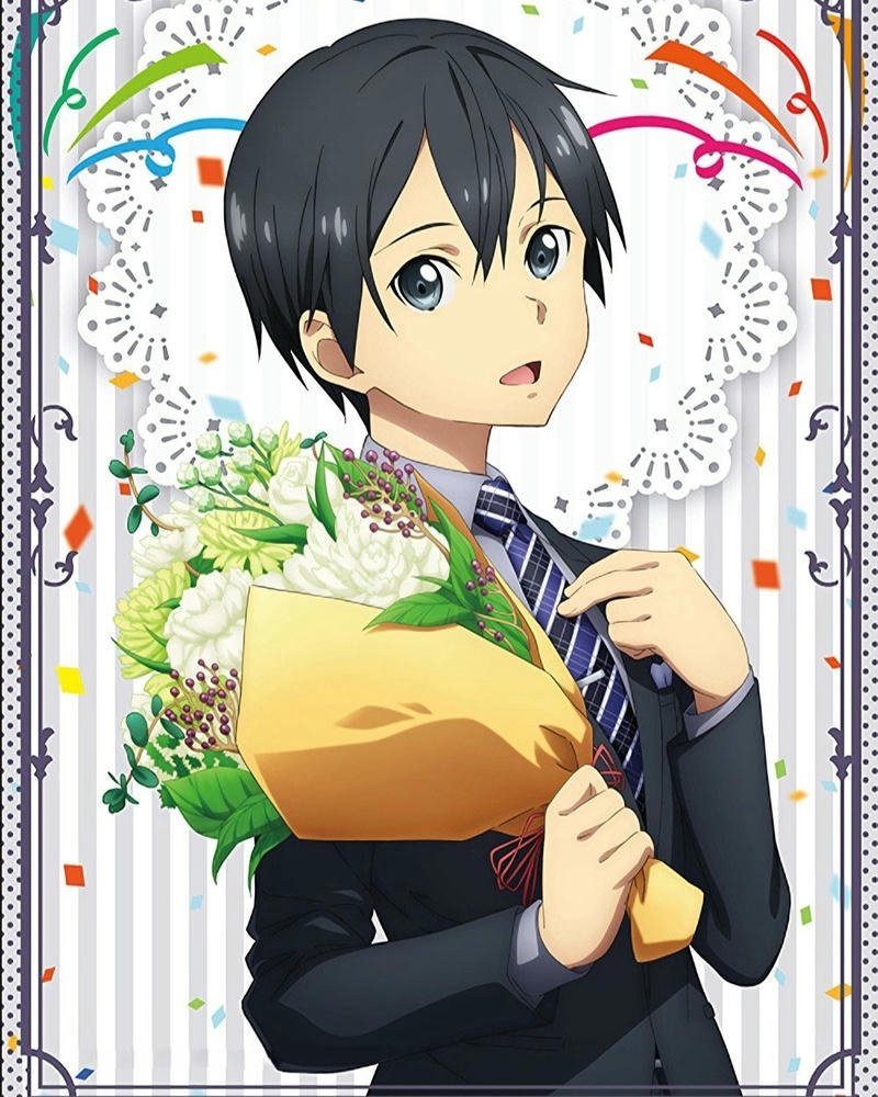 Ảnh anime kirito cầm bó hoa hướng dương vàng rực rỡ tươi tắn