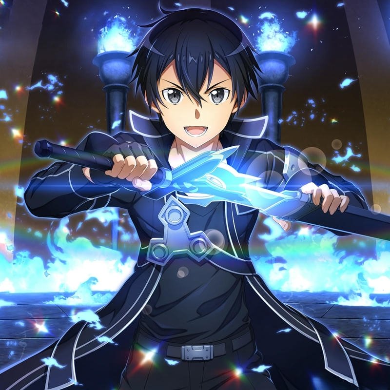 Ảnh anime kirito cầm hai thanh kiếm phát sáng màu xanh lam