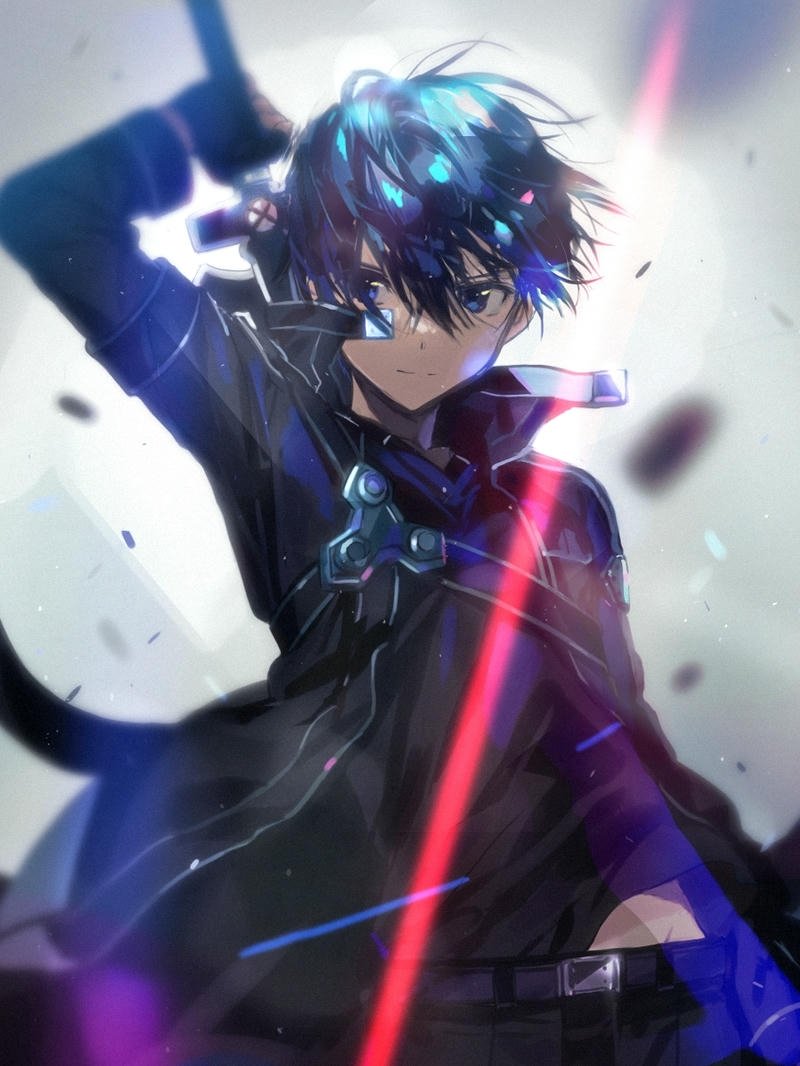 Ảnh anime kirito chiến đấu với hiệu ứng ánh sáng đỏ xanh