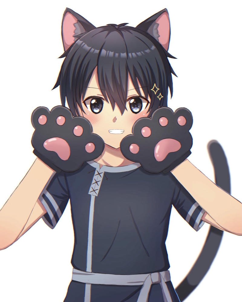 Ảnh anime kirito đeo tai mèo làm động tác tay dễ thương