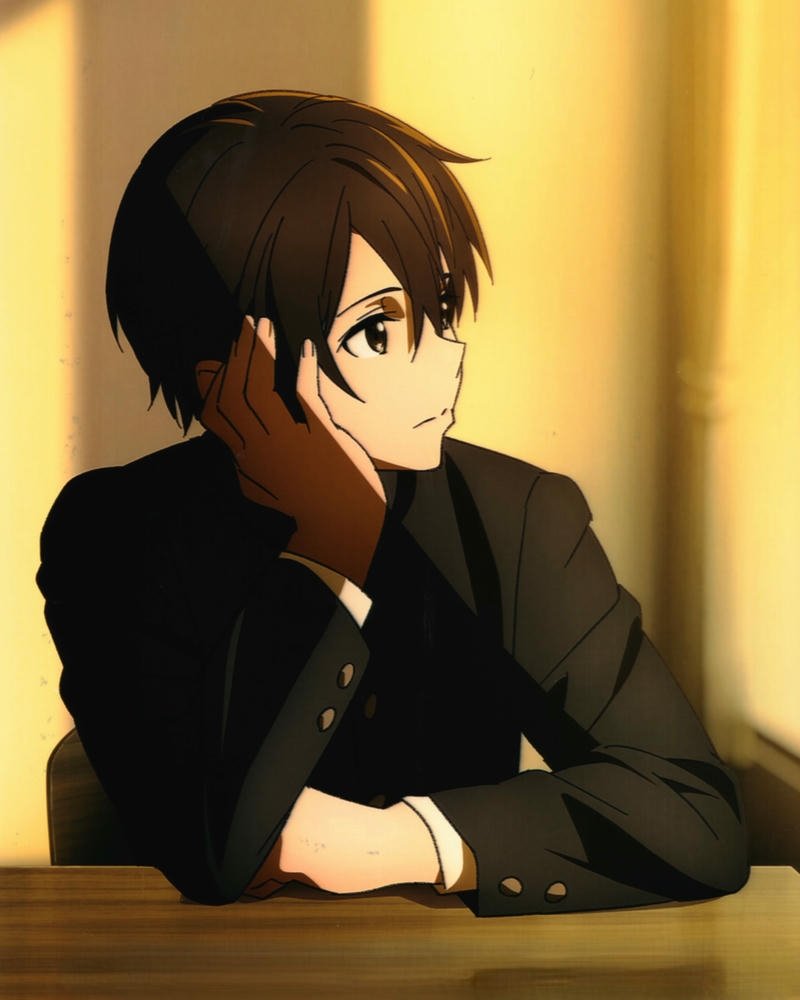 Ảnh anime kirito mặc đồng phục học sinh ngồi bên cửa sổ lớp