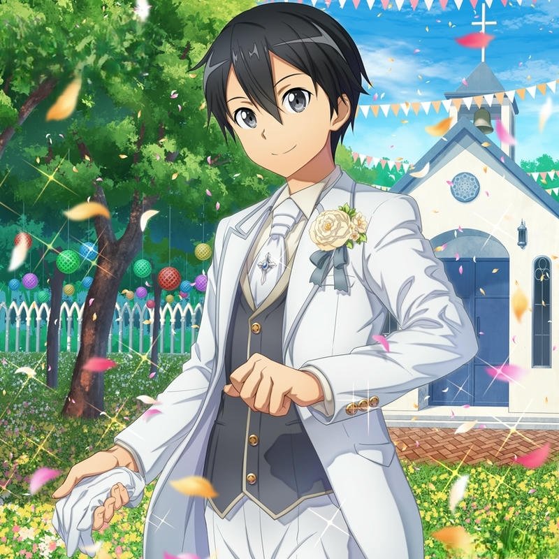 Ảnh anime kirito mặc vest trắng chú rể điển trai mỉm cười