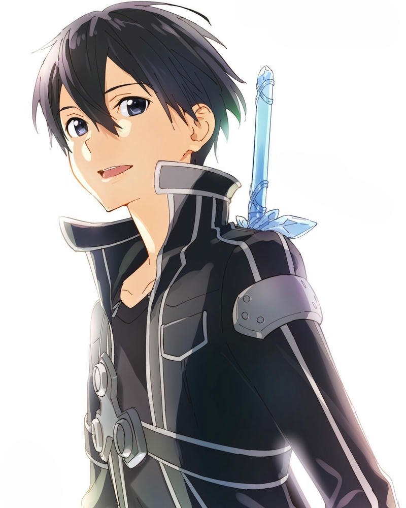 Ảnh anime kirito mỉm cười đeo kiếm sau lưng áo khoác đen