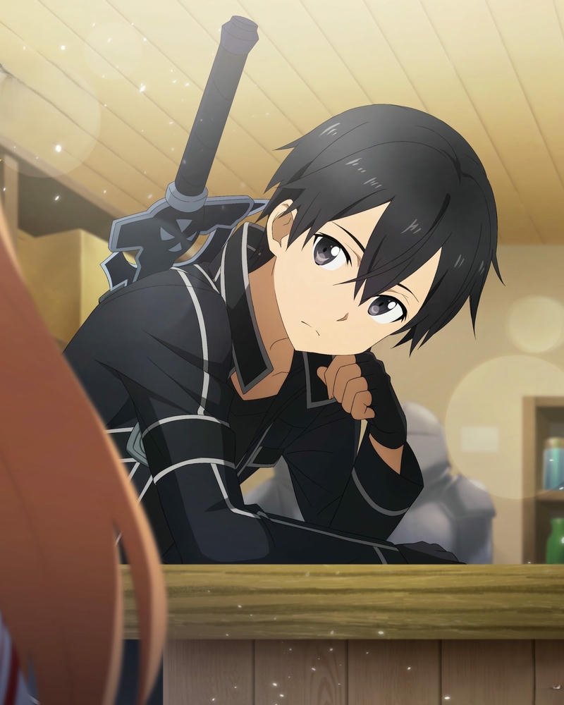 Ảnh anime kirito ngồi suy tư trong quán rượu gỗ ấm cúng