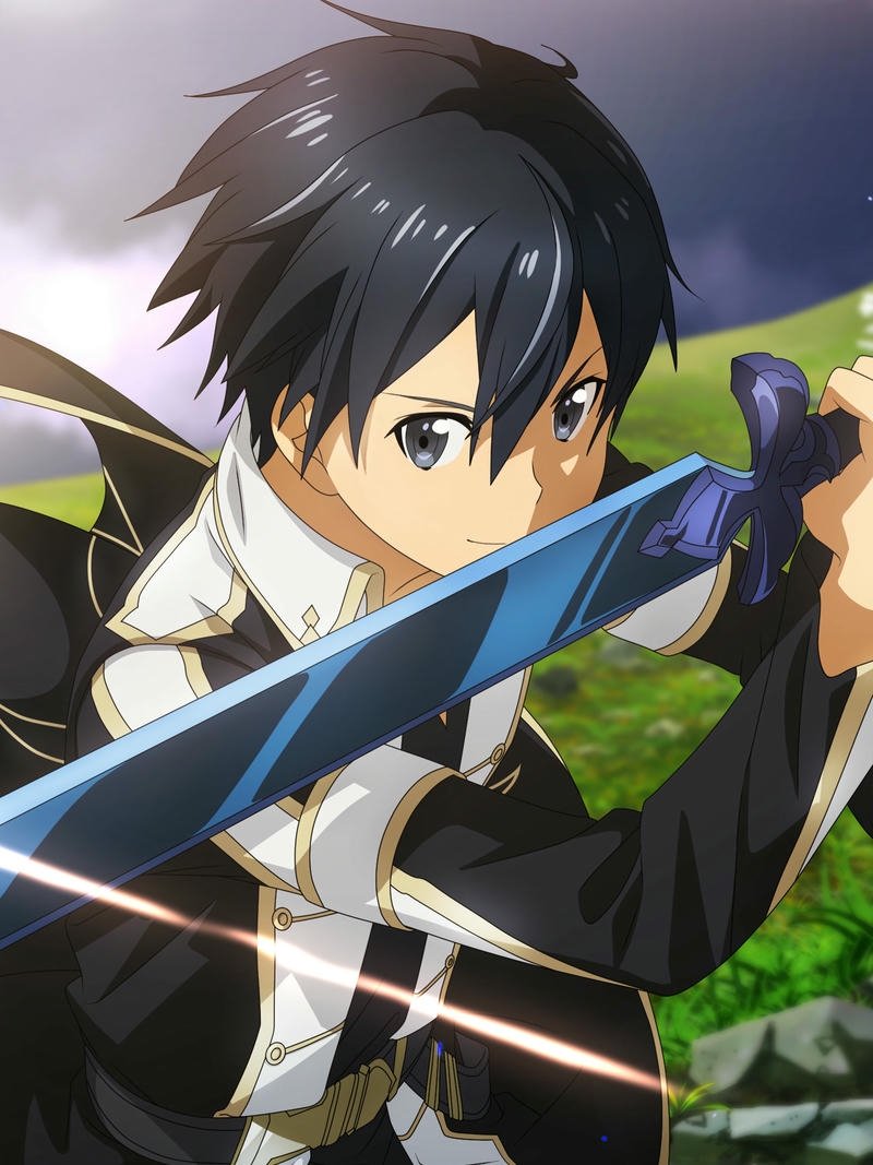 Ảnh anime kirito rút kiếm chiến đấu trong rừng xanh lá cây