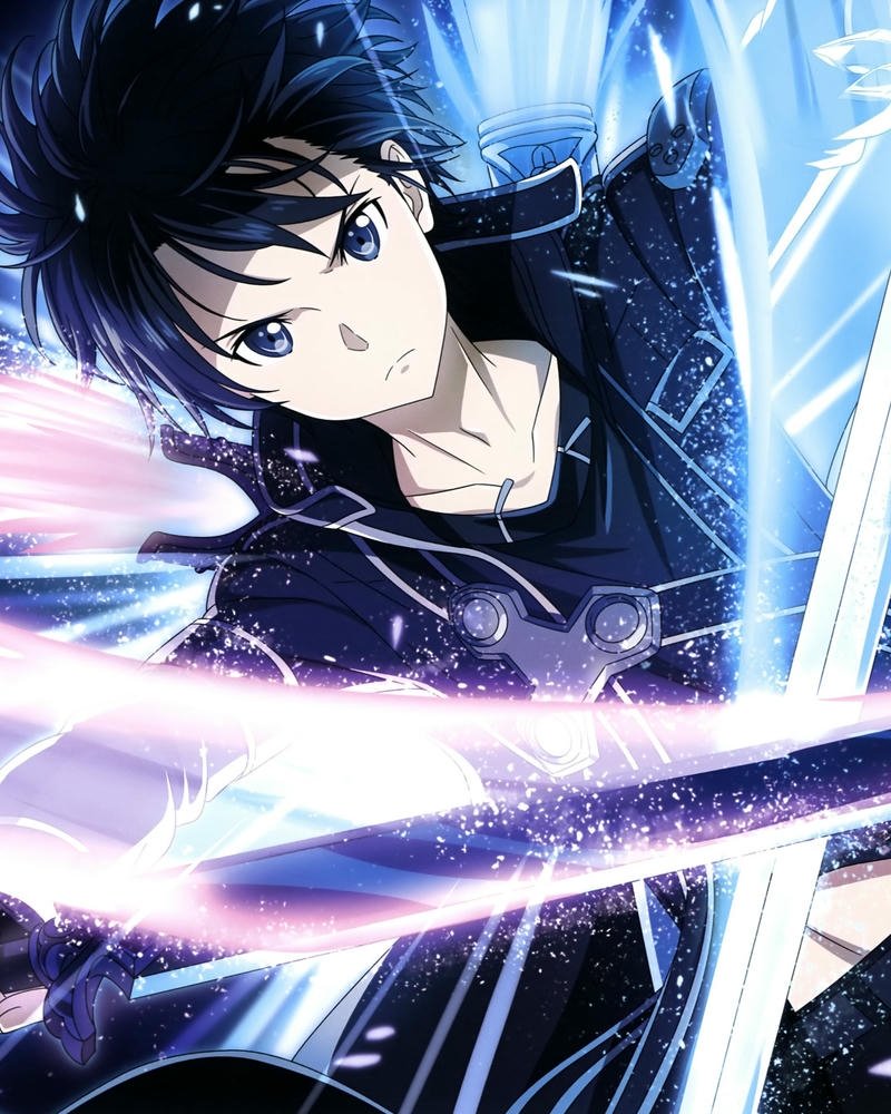 Ảnh anime kirito tung chiêu kiếm ánh sáng xanh rực rỡ đẹp mắt
