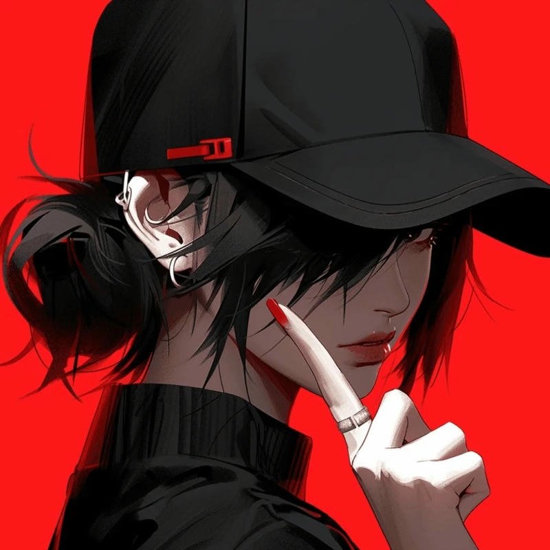 Ảnh avatar anime nữ đội mũ ngầu lạnh lùng trên nền đỏ rực