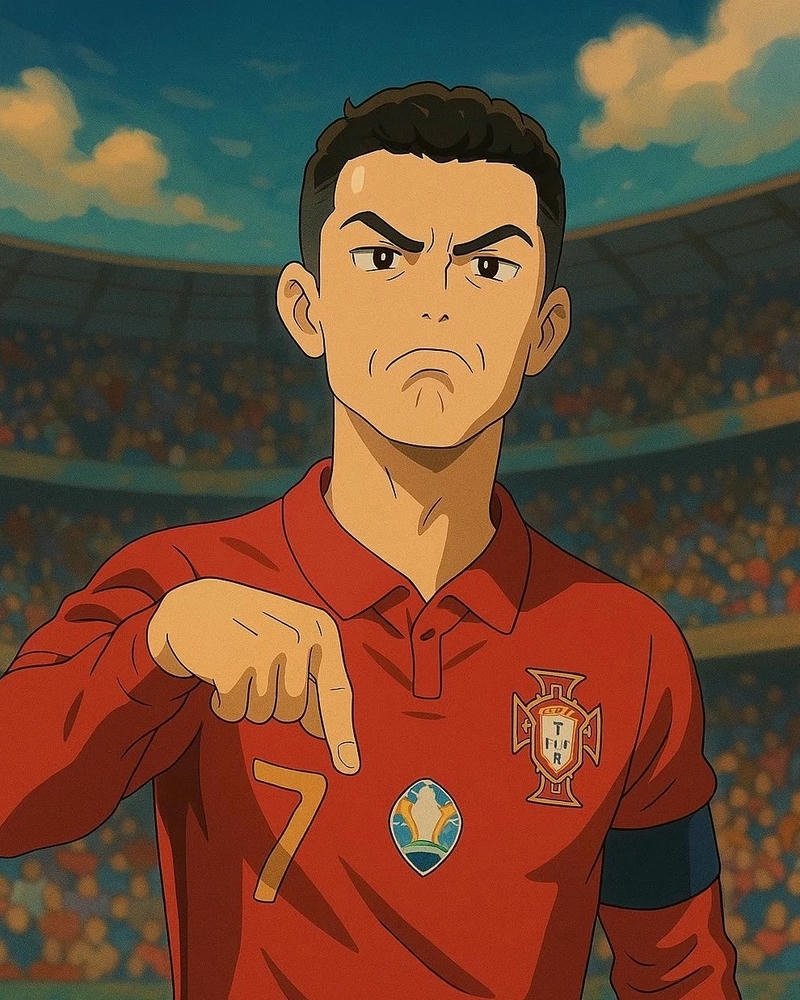 Tổng hợp 250+ hình ảnh Ronaldo anime chất lượng nhất CR7 anime chỉ tay vào logo áo đấu đầy tự hào