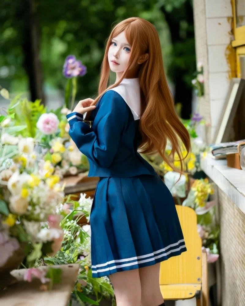 Cosplay học sinh tóc nâu váy xanh đậm đứng trong vườn