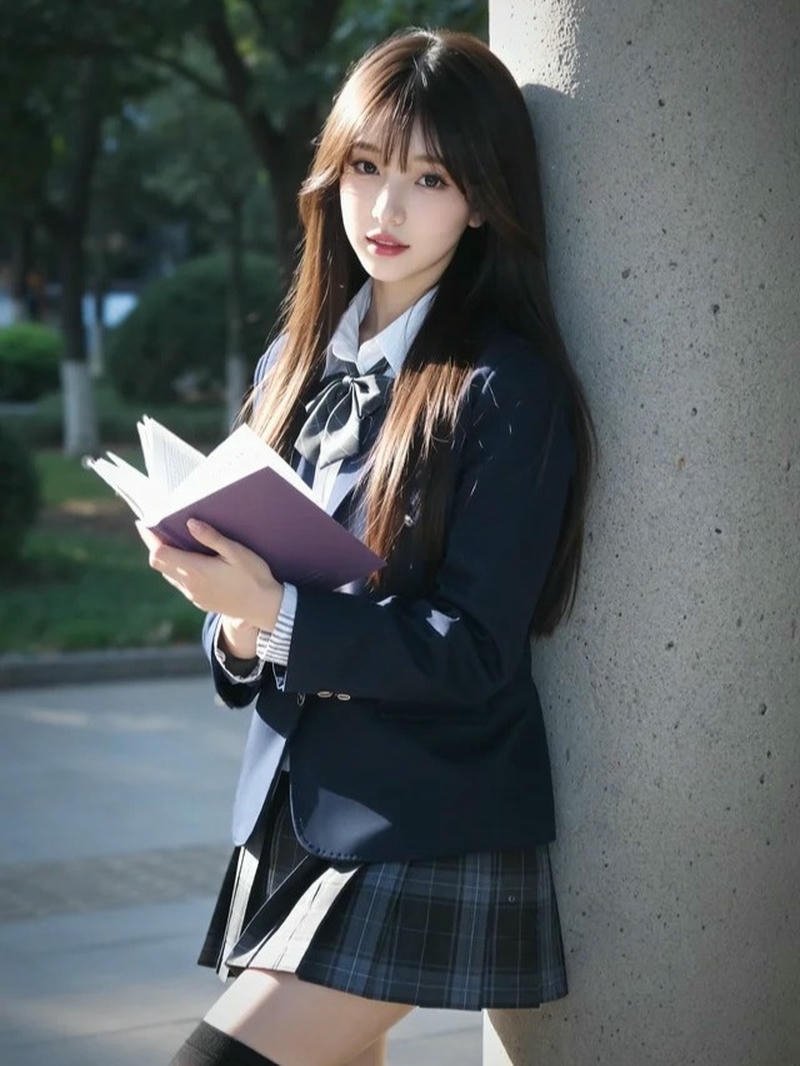 Cosplay nữ sinh cầm sách đứng dựa tường