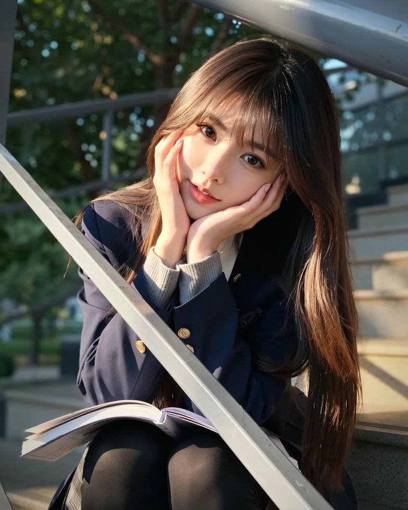 Cosplay nữ sinh ngồi trên cầu thang sắt