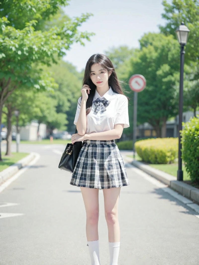 Cosplay nữ sinh váy caro đứng dưới nắng
