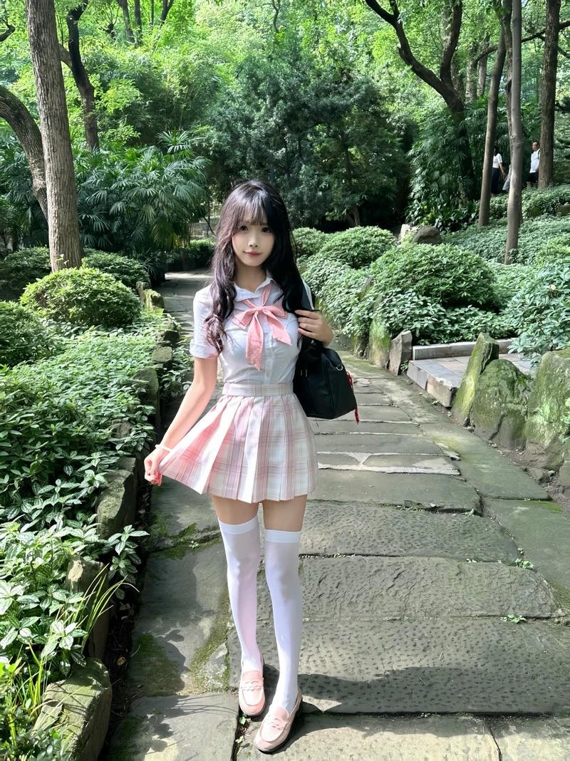 Cosplay nữ sinh váy hồng đứng trên cầu
