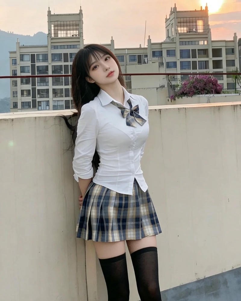 Cosplay nữ sinh váy ngắn đứng trên sân thượng