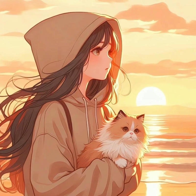 Hình ảnh avatar em gái dễ thương ôm mèo dưới hoàng hôn