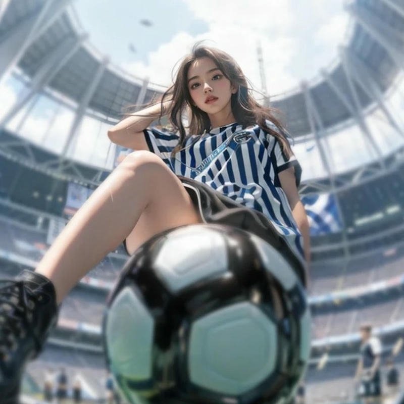 Hình ảnh cô gái xinh đẹp ngồi trên quả bóng đá lớn