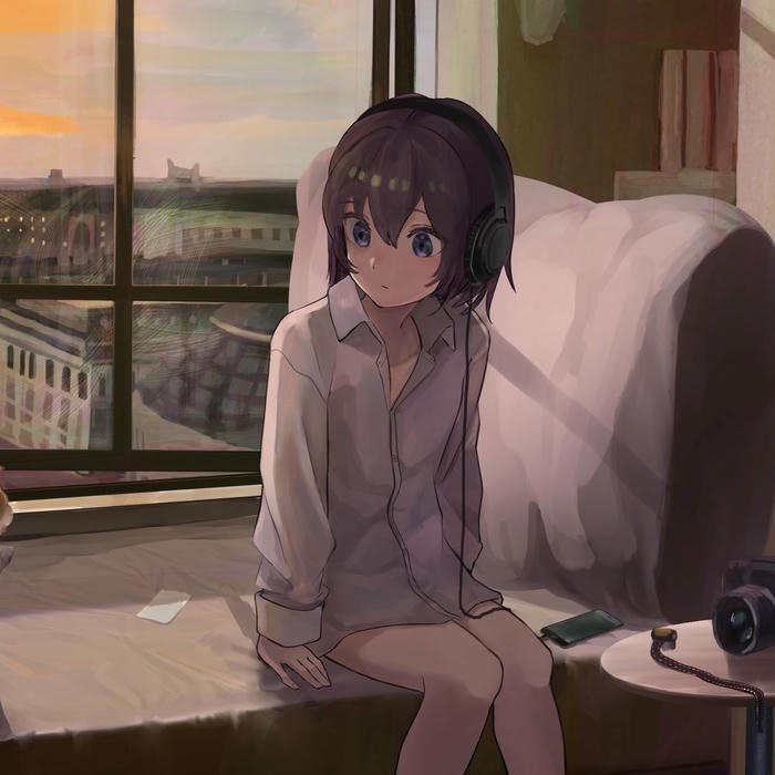 Hình avatar Tiktok đẹp anime nữ ngồi trên giường nhìn ra cửa