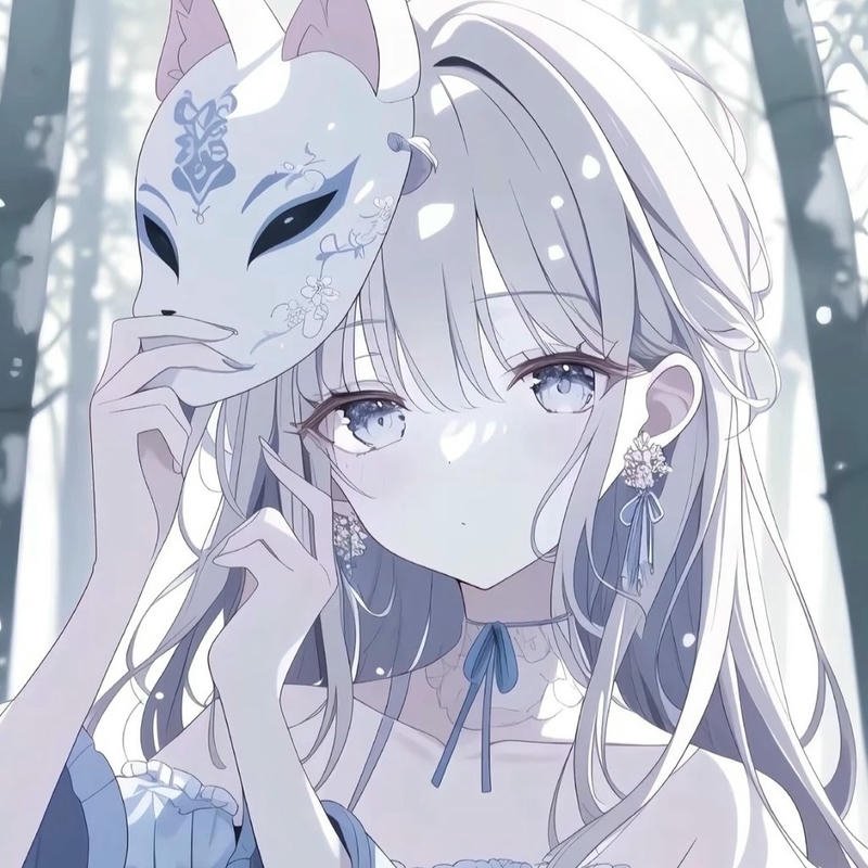 Hình avatar anime girl tóc trắng cầm mặt nạ bí ẩn