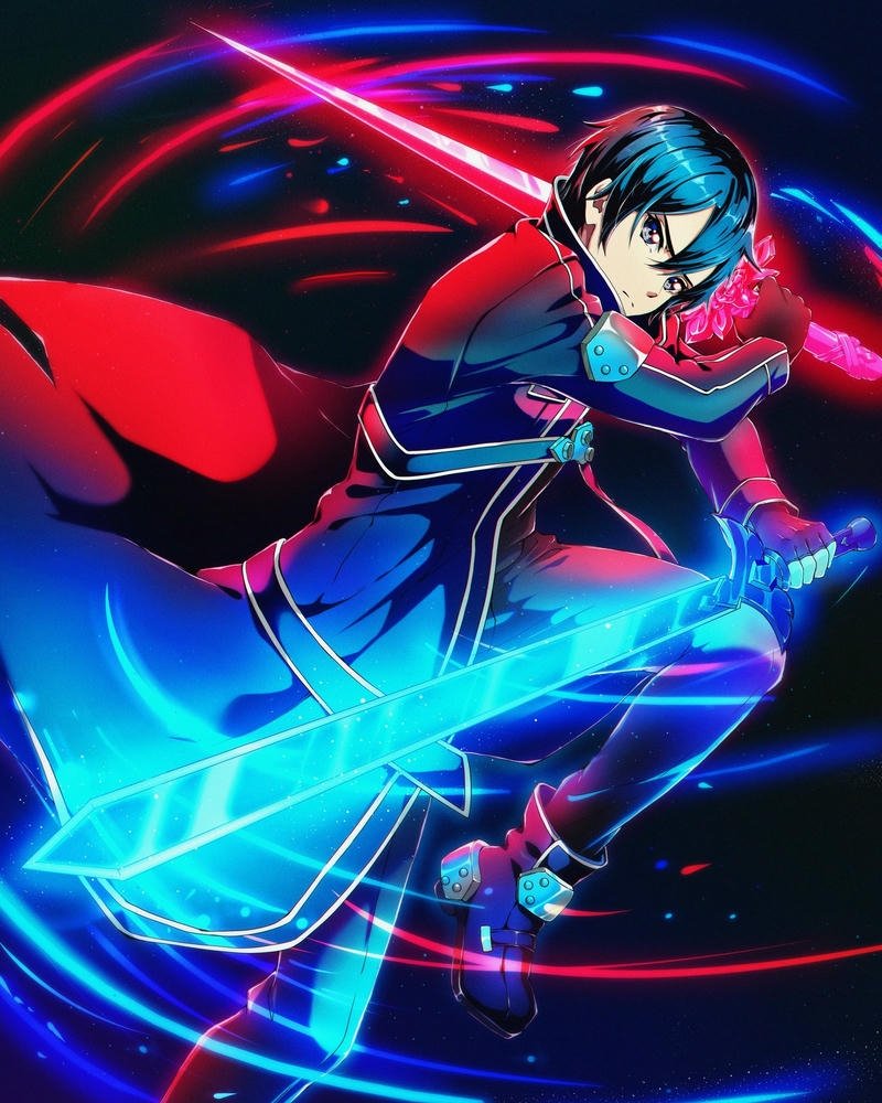 Hình nền Kirito SAO song kiếm hiệu ứng neon đỏ xanh cực đẹp