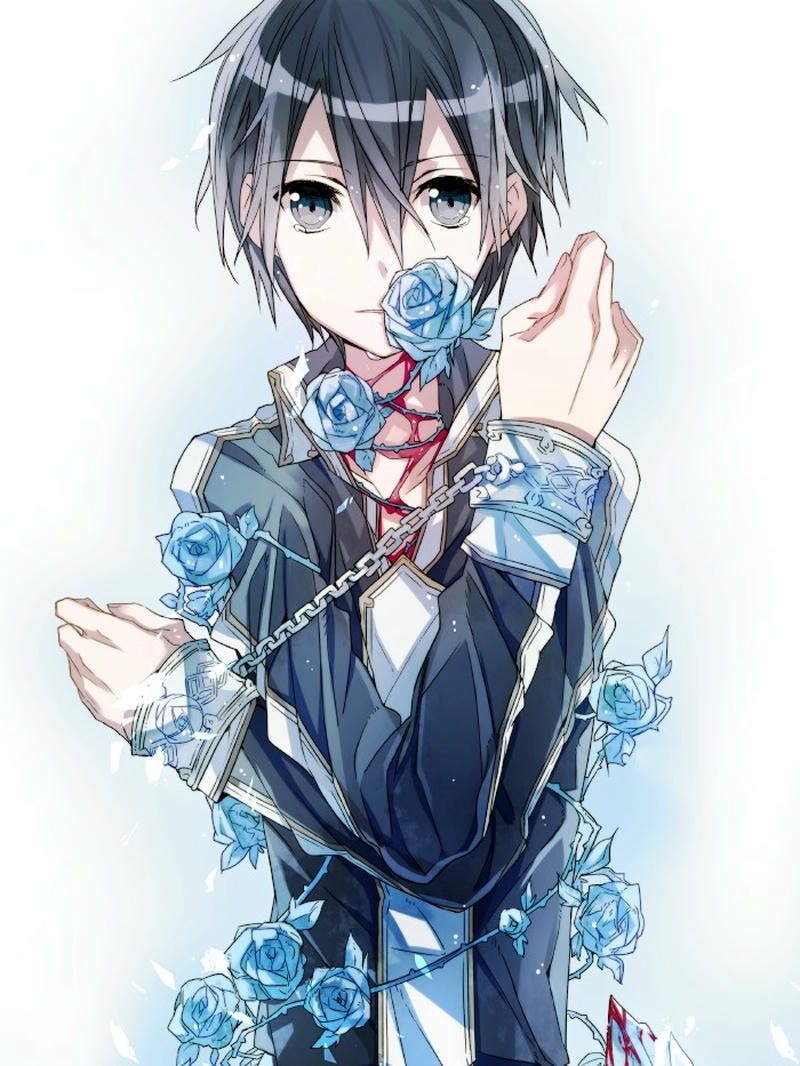 Kirito cầm bông hoa hồng xanh pha lê đẹp lung linh huyền ảo