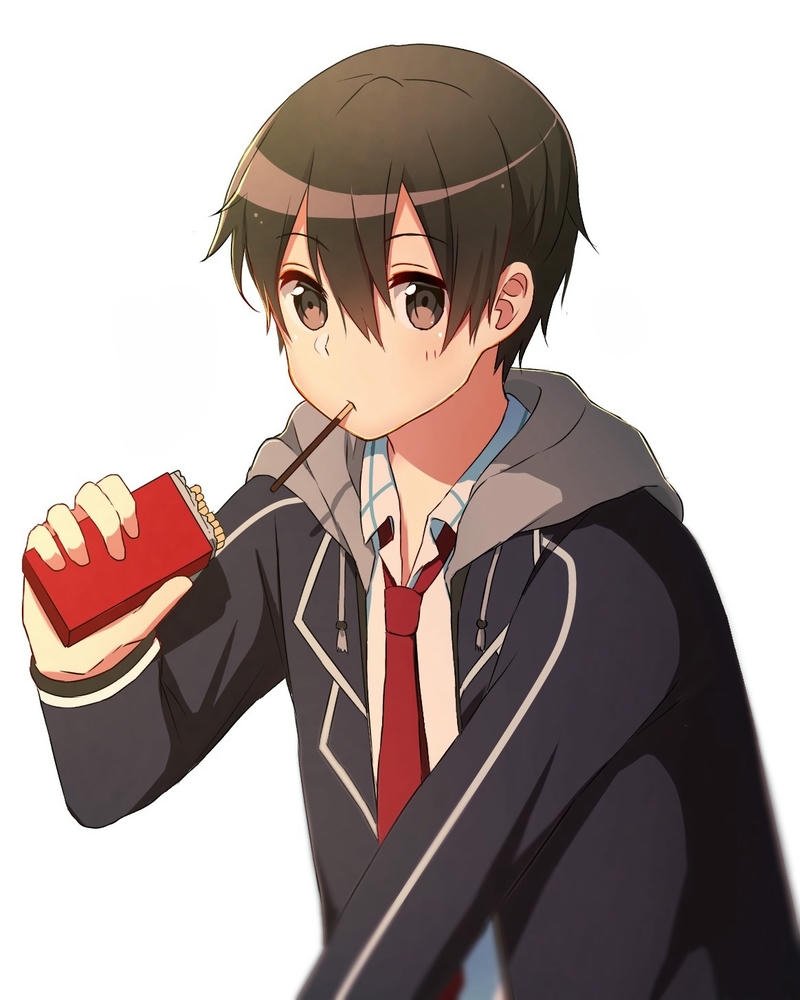 Kirito đời thường mặc đồng phục uống nước trái cây hộp
