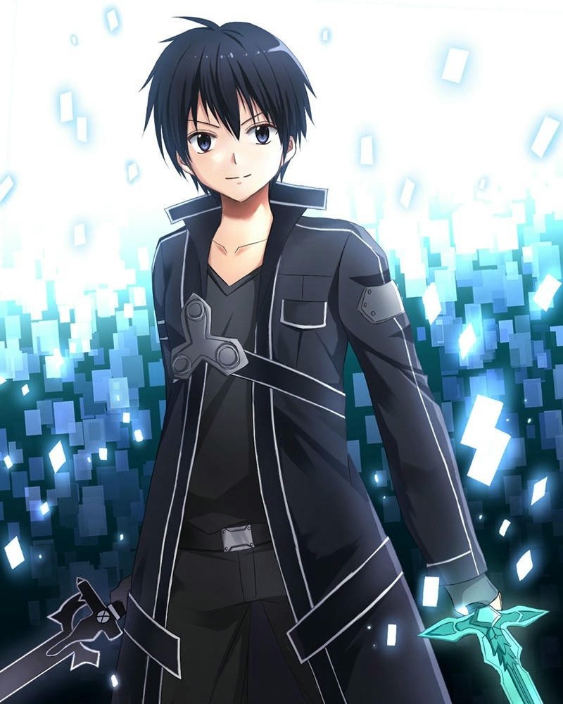 Kirito song kiếm đứng giữa luồng dữ liệu xanh kỹ thuật số