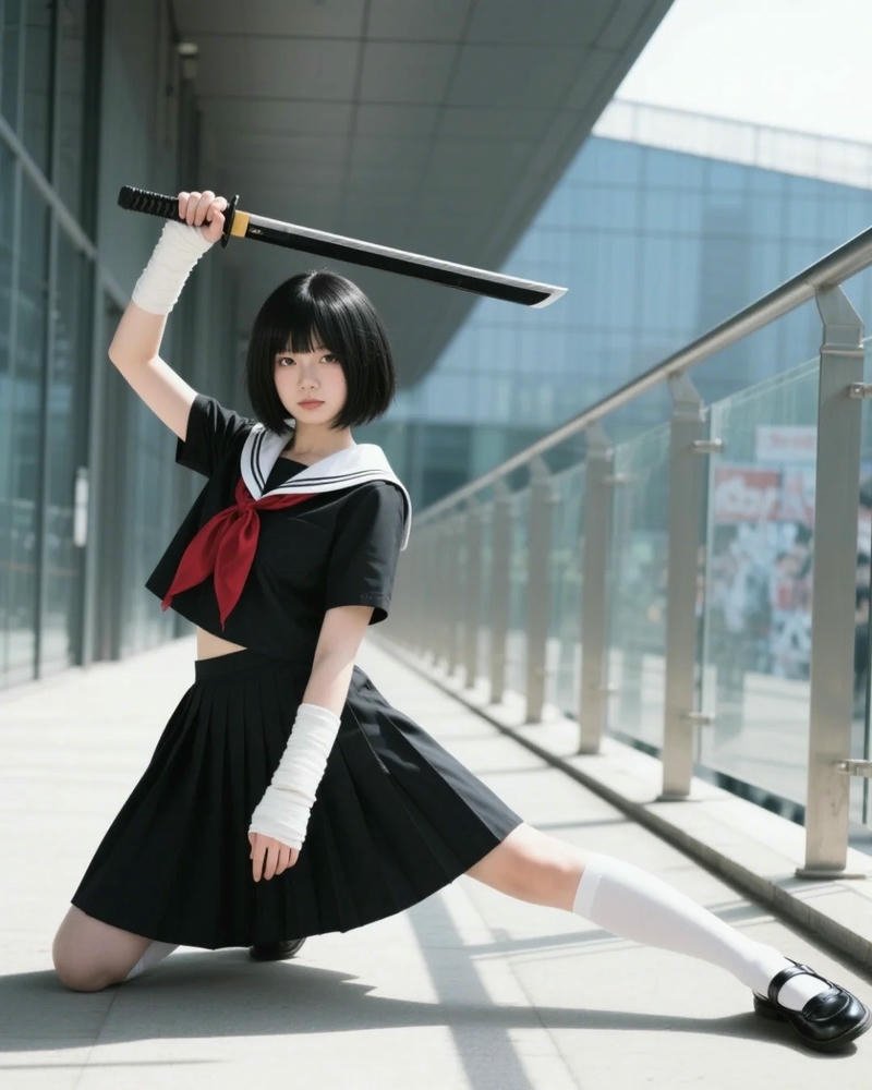 Nữ sinh cosplay đồng phục thủy thủ cầm gậy bóng chày