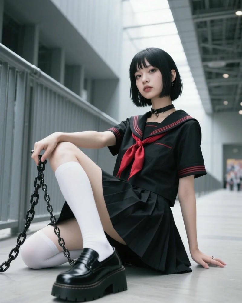 Nữ sinh cosplay đồng phục thủy thủ ngồi trên sàn nhà