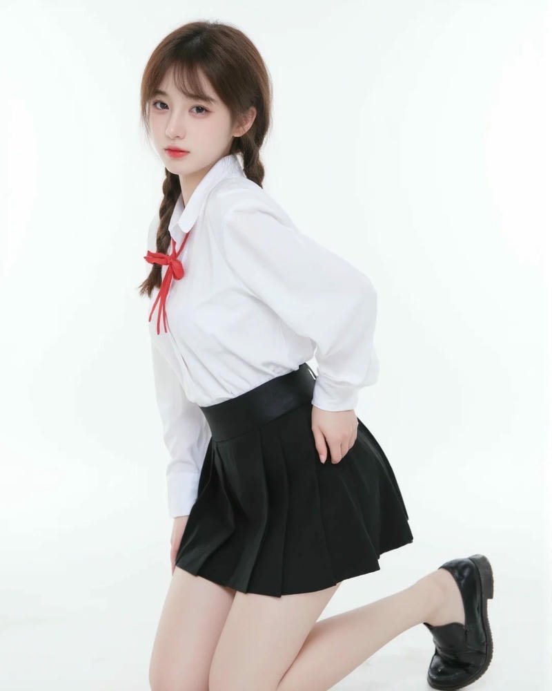 Nữ sinh dễ thương áo trắng quỳ trên sàn