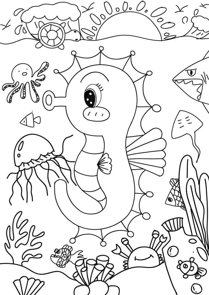 hình vẽ đơn giản tô màu con cá ngựa