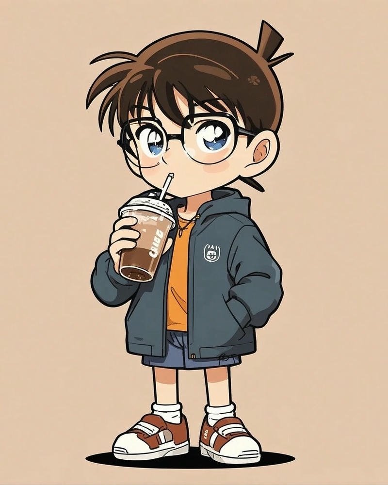 Ảnh Conan chibi đang cầm cốc trà sữa uống ngon lành dễ thương
