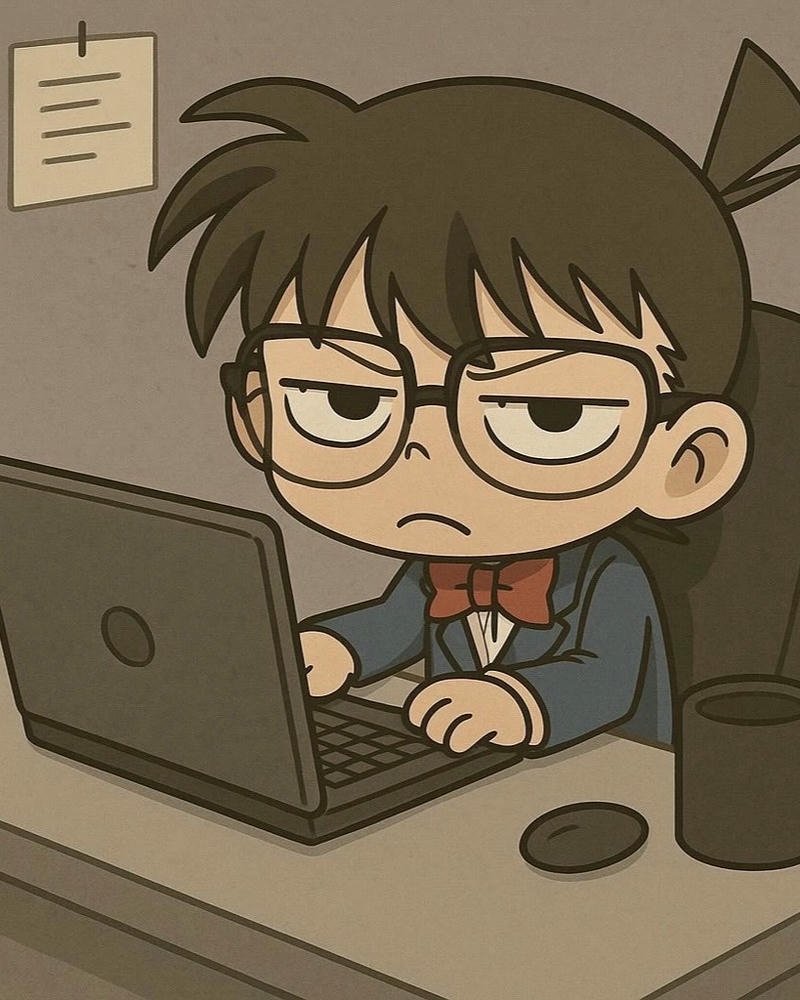 Ảnh Conan đeo kính tập trung gõ máy tính xách tay làm việc