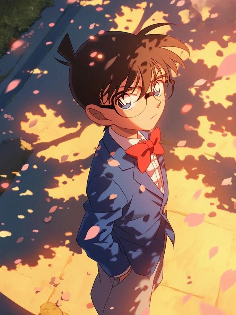 Ảnh Conan đứng dưới tán cây lá đỏ mùa thu lãng mạn nhẹ nhàng