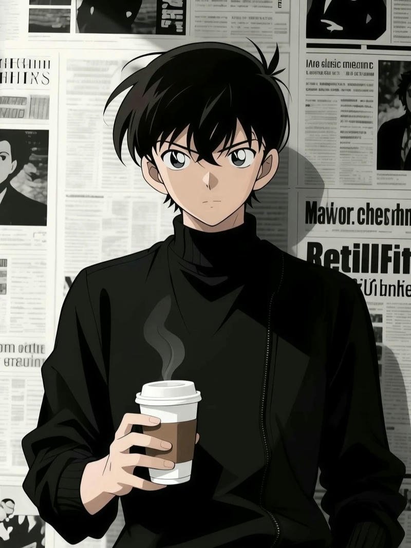 Ảnh Conan mặc áo len đen cầm cốc cà phê suy tư buổi sáng