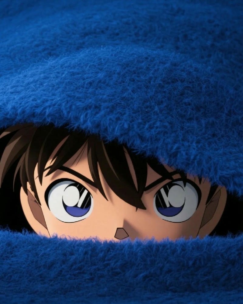 Ảnh Conan trùm chăn xanh kín mít chỉ lộ đôi mắt to tròn