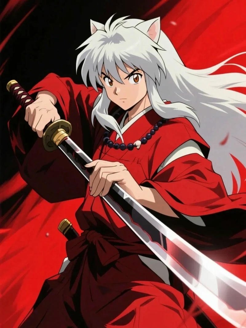 Ảnh Inuyasha vung kiếm chiến đấu nền đỏ rực lửa