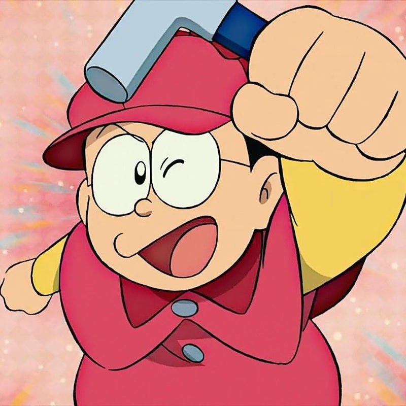 Ảnh Nobita cầm búa đồ chơi vẻ mặt giận dữ
