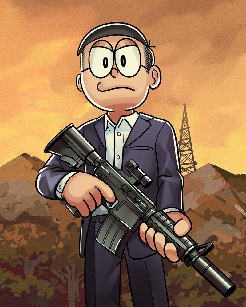 Ảnh Nobita cầm súng chiến đấu phong cách hành động