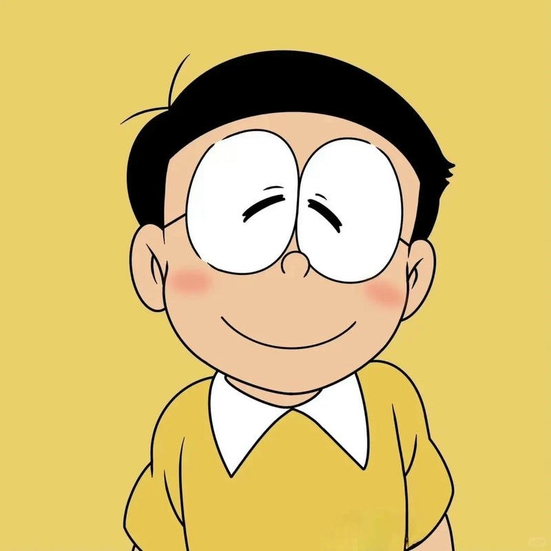 Ảnh Nobita cười hiền lành trên nền màu vàng tươi