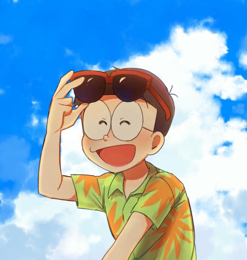 Ảnh Nobita đeo kính râm mặc áo hoa đi biển