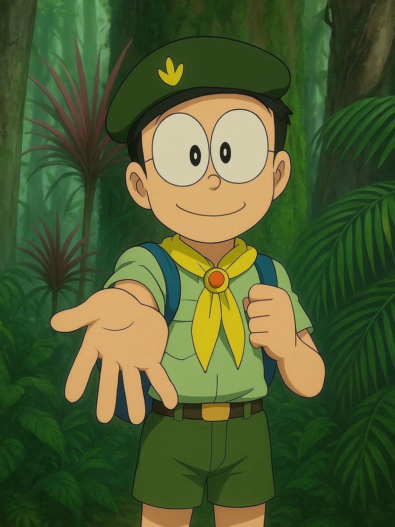 Ảnh Nobita đưa tay ra mời gọi trong rừng rậm