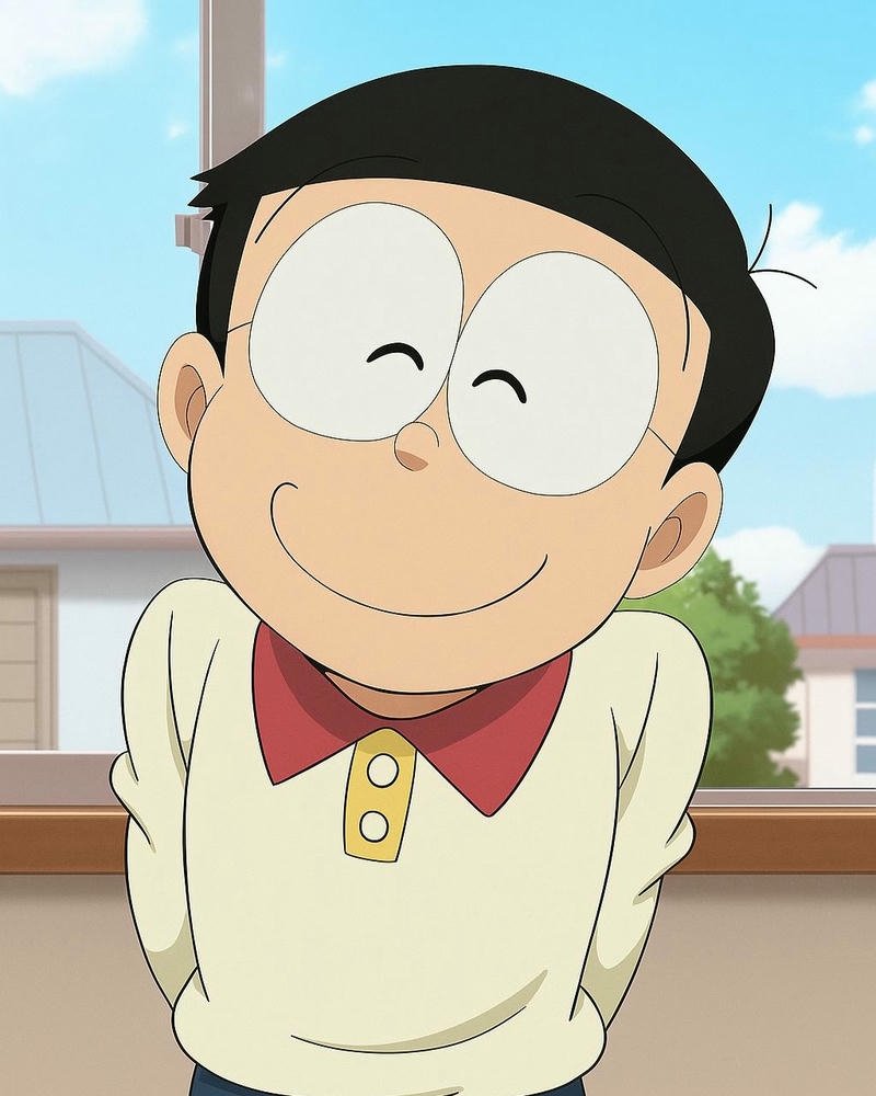 Ảnh Nobita đứng thẹn thùng gãi đầu cười trừ hối lỗi