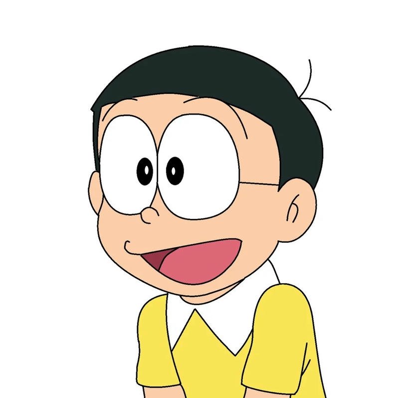 Ảnh Nobita mặc áo vàng cười rạng rỡ nền trắng