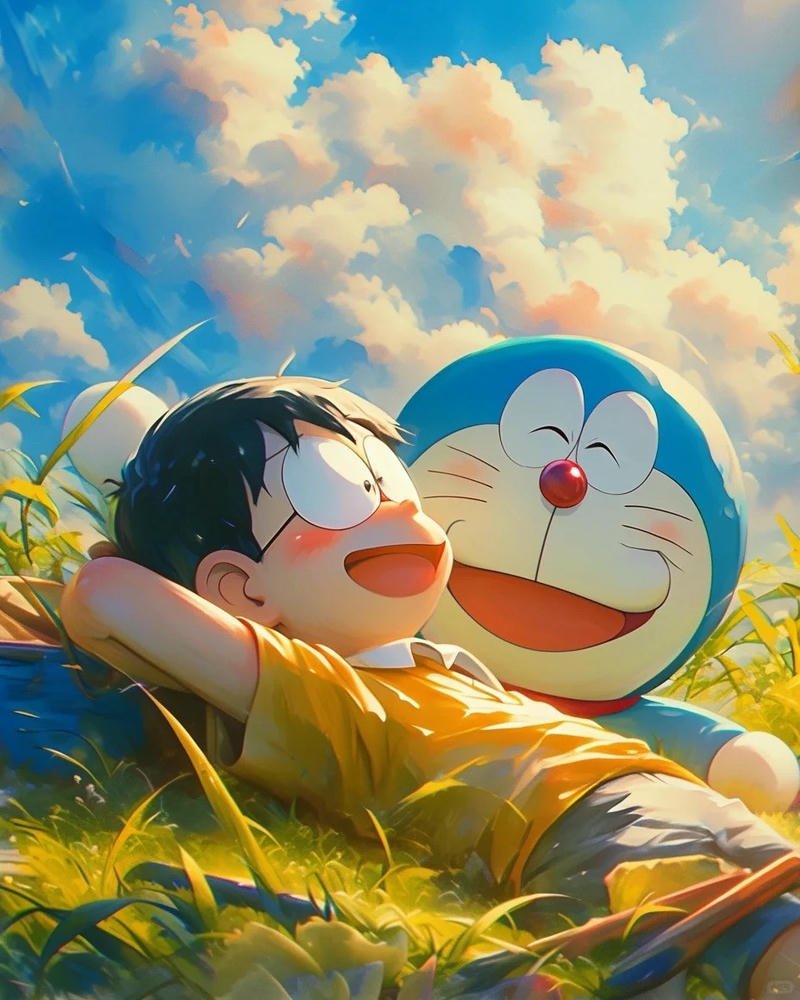 Ảnh Nobita nằm ngủ trưa cùng doraemon trên đồng cỏ