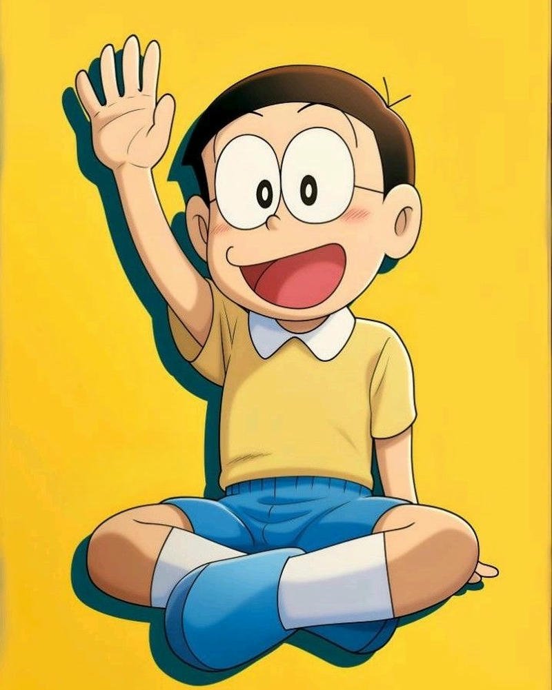 Ảnh Nobita ngồi bệt giơ tay chào thân thiện vui