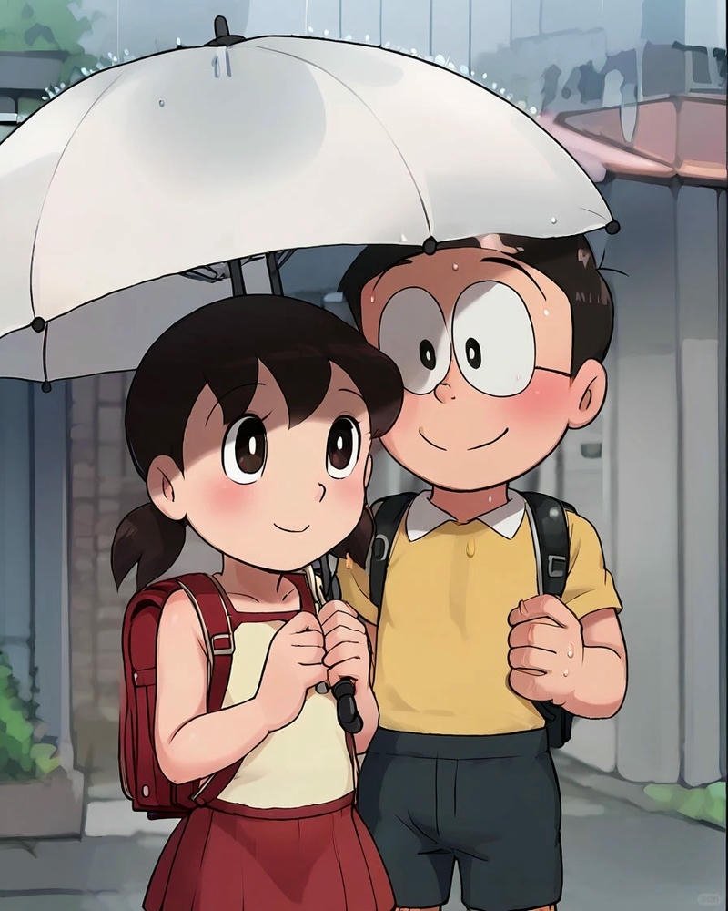 Ảnh Nobita và shizuka đi dưới ô trời mưa đẹp
