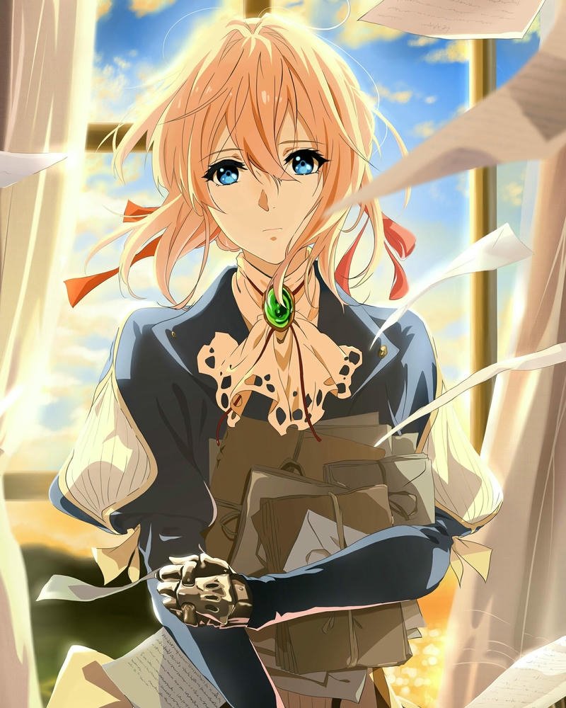 Ảnh Violet Evergarden cầm dù đứng dưới tán cây nắng đẹp
